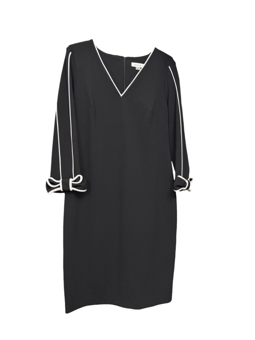 Calvin Klein Black V-Neck Sheath Dress with White Piped Bow Trim